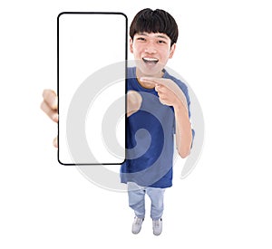 Happy Asian teenaher student holding smartphone mockup of blank screen