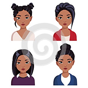 Happy asian woman avatar set. Different women characters collection. Isolated vector illustration