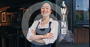 Happy asian woman, cafe and small business owner by door in confidence for management. Portrait of young female person