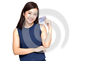 Happy Asian woman holding credit card or cash advances.