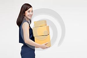 Happy Asian woman holding package parcel box.