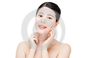 Happy asian woman model hand touch perfect skin face