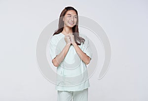 Happy asian woman patient isolated on white background. life insurance and coverage concept