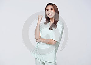 Happy asian woman patient isolated on white background. success life insurance and coverage concept