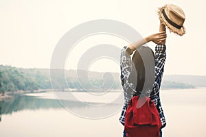 Happy Asian woman relaxing on holiday travel concept