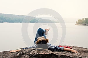 Happy Asian woman relaxing on holiday travel concept,