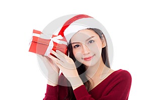 Happy asian woman with smile holding gift box