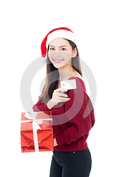 Happy asian woman with smile holding gift box and credit card