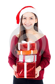 Happy asian woman with smile holding gift box many of xmas