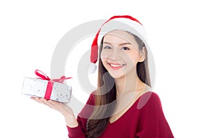 Happy asian woman with smile holding gift box of xmas