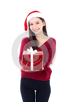 Happy asian woman with smile holding gift box of xmas