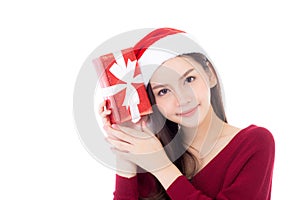 Happy asian woman with smile holding gift box of xmas.