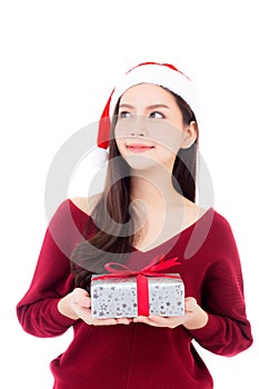 Happy asian woman with smile holding gift box of xmas.