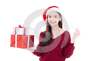 Happy asian woman with smile holding gift box of xmas and credit card