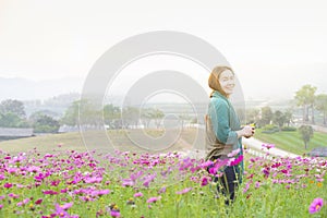 Happy asian woman standing in cosmos flower field turn body back to look at camera with copy space and vintage process style