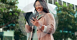 Happy, asian woman and tablet with fist pump for celebration of client sale on commute to office. Excited, female person