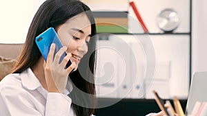 Happy asian woman talking phone, Asia office girl smiling while talking mobile phone, Female people on phone, communication