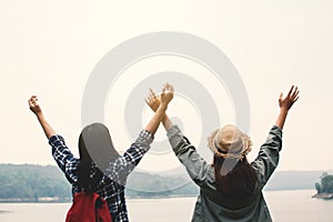 Happy Asian women relaxing on holiday travel concept