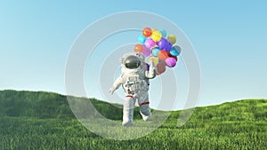 Happy Astronaut with Colorful Balloons Jumps on an Exoplanet with Atmosphere and Grass and Funny Falls at the End