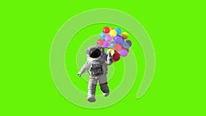 Happy Astronaut with Colorful Balloons Jumps and Funny Falls at the End on a Green Screen Background, Beautiful