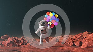 Happy Astronaut with Colorful Balloons Jumps on Mars and Funny Falls at the End, Beautiful Conceptual 3D Animation in