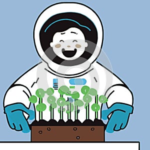 Happy astronaut growing microgreens plants Horticulture design vector graphics