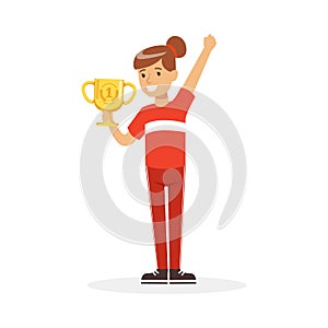 Happy athletes girl in red sports uniform holding winner cup, kid celebrating her victory cartoon vector Illustration