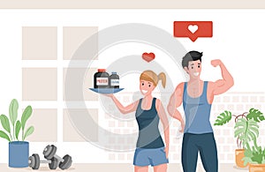 Happy athletes showing muscles and holding plate with protein and creatine vector flat cartoon illustration.