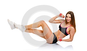 Feliz atlético una mujer mancuernas hacer deporte ejercicio aire 