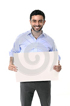 Happy attractive businessman holding blank billboard as copyspace