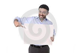 Happy attractive businessman holding blank billboard as copyspace