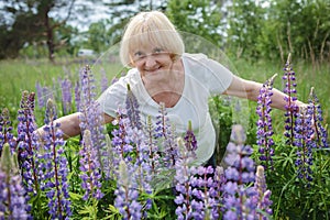 Happy attractive senior woman enjoys walk in purple lupines in blooming field, active in retirement