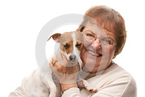 Happy Attractive Senior Woman with Puppy