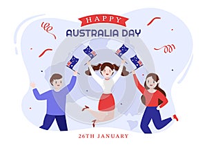 Happy AuHstralia Day Observed Every Year on January 26th with Flags and Kangaroos in Flat Cartoon Hand Drawn Template Illustration