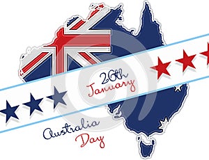 Happy Australia day 26th january lettering. Map of Australia with flag and stars. illustration on white background