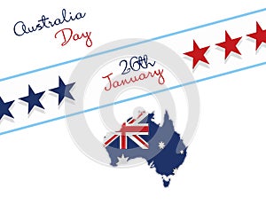 Happy Australia day 26th january lettering. Map of Australia with flag and stars. illustration on white background