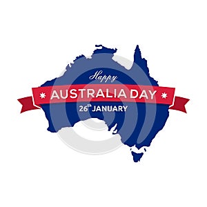 Happy Australia day 26th January lettering, map of Australia with ribbon