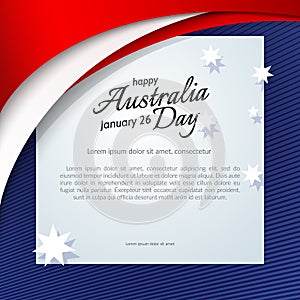 Happy Australia Day card brochure poster Australia national flag theme red white curved lines and stars on a blue background