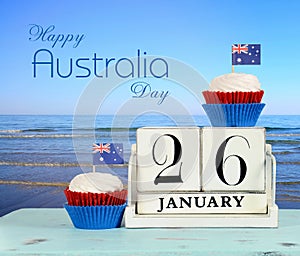 Happy Australia Day, January 26, theme white wood vintage calendar with sample text