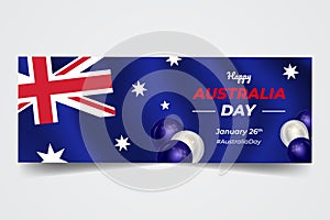 Happy Australia Day January 26th banner with balloon illustration on waving flag background