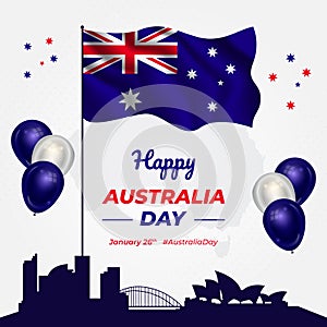 Happy Australia Day January 26th waving flag and balloon illustration background design