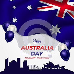Happy Australia Day January 26th with waving flag and balloon illustration design