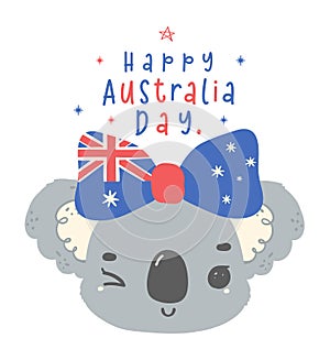 Happy Australia day koala face with flag bow. Adroable animal celebrate Australian Nation day cartoon hand drawing