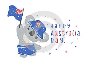 Happy Australia day koala with flag. Adroable animal celebrate Australian Nation day cartoon hand drawing