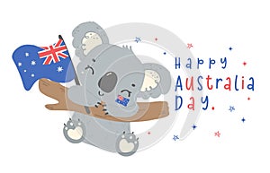 Happy Australia day koala with flag. Adroable animal celebrate Australian Nation day cartoon hand drawing