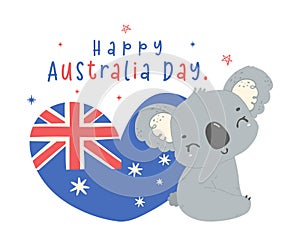 Happy Australia day koala with flag heart in adroable pose. animal celebrate Australian Nation day cartoon hand drawing