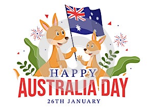 Happy Australia Day Observed Every Year on January 26th with Flags and Kangaroos in Flat Cartoon Hand Drawn Template Illustration