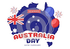 Happy Australia Day Observed Every Year on January 26th with Flags and Map to Diversity of Peoples in Flat Cartoon Illustration