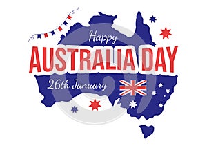 Happy Australia Day Observed Every Year on January 26th with Flags and Map to Diversity of Peoples in Flat Cartoon Illustration