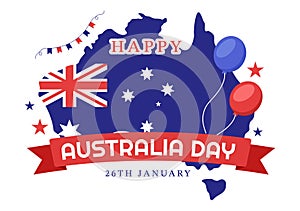 Happy Australia Day Observed Every Year on January 26th with Flags and Map to Diversity of Peoples in Flat Cartoon Illustration